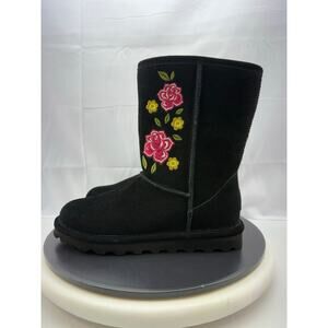 BearPaw Dreamer Mid Calf Womens Size 7 Floral Embroidered Black Suede Snow Boots